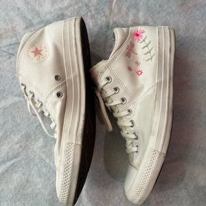 Converse Cream High-Top Sneakers with Pink Floral embroidery. Size 11